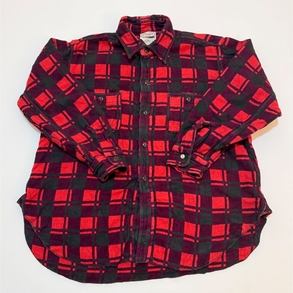 Vintage 60s Champion Tientsin Red Flannel Shirt Mens XL Plaid Cotton Workwear